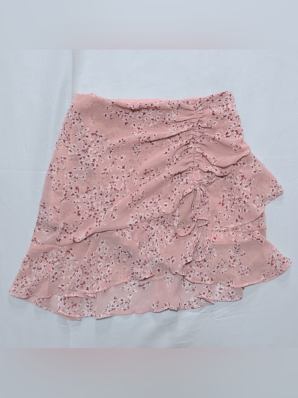 Beginning Boutique Pink Floral Ruched Ruffle Wrap Mini Skirt Size XS
